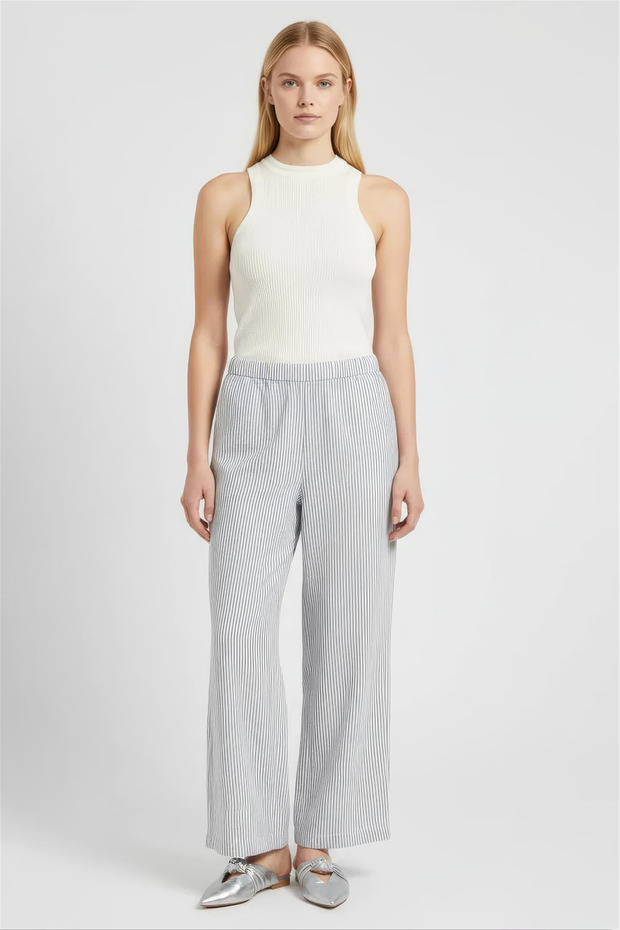 White Navy Blue High Waist Striped Wide Leg Trousers