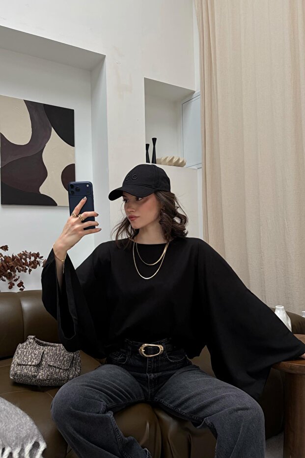 Yarasa Kol Basic Bluz Siyah - 6