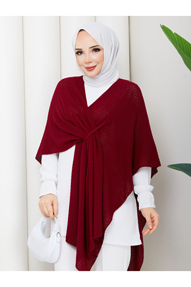 Women's Burgundy Front Detailed Poncho Cardigan