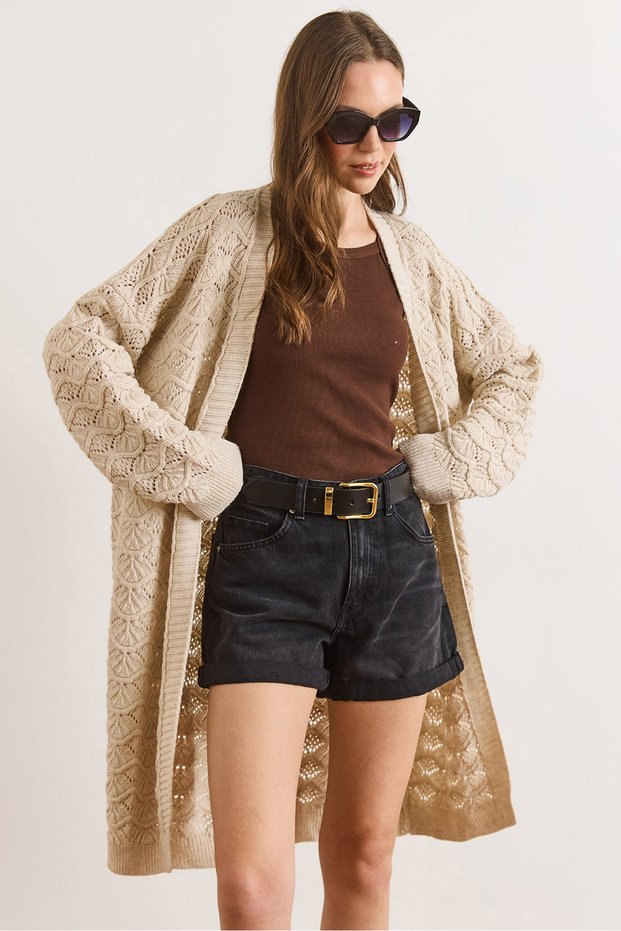 Women's Stone Shell Patterned Long Seasonal Knitwear Cardigan Hrk-19000468