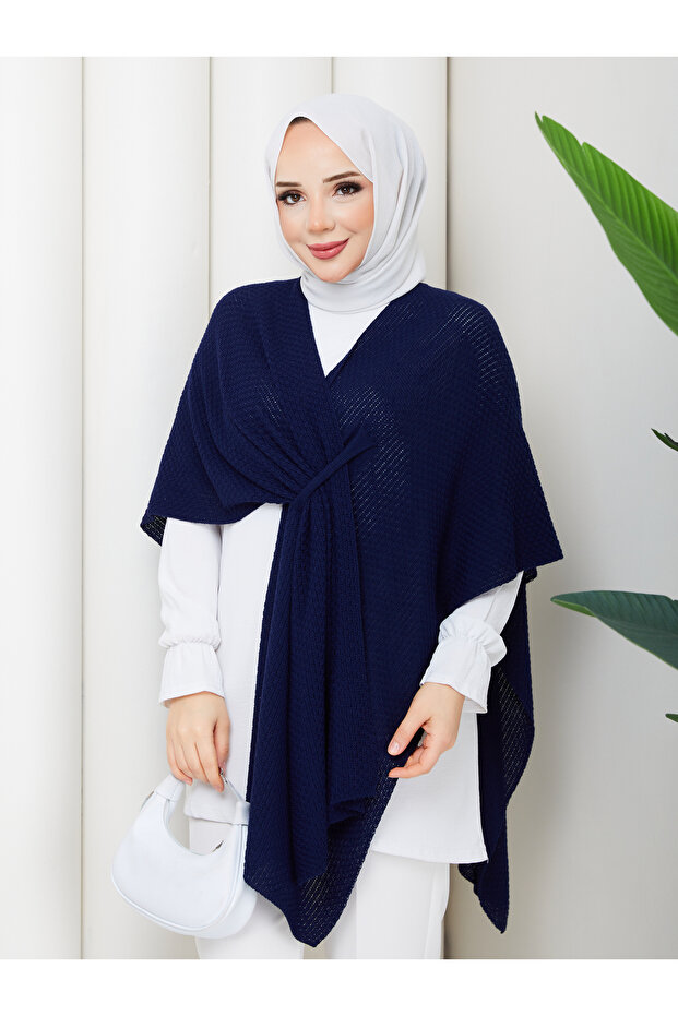 Women's Navy Blue Front Detailed Poncho Cardigan