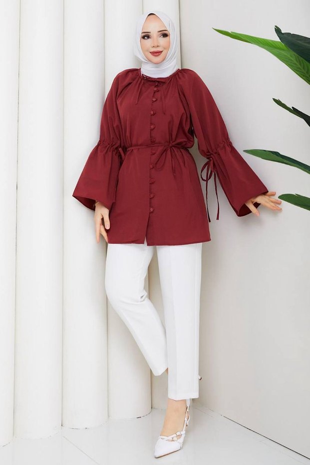 Women's Tie-Up Balloon Sleeve Buttoned Hijab Shirt