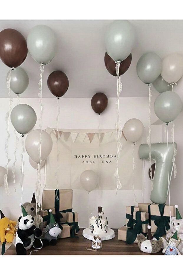 Beige Brown Light Mint Balloon and Number Balloon Set 21 Pieces