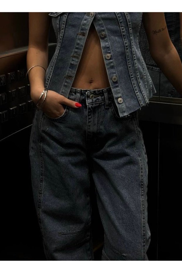 Women's High Waist Baggy Wide Leg Cargo Pocket Detailed Jean Trousers