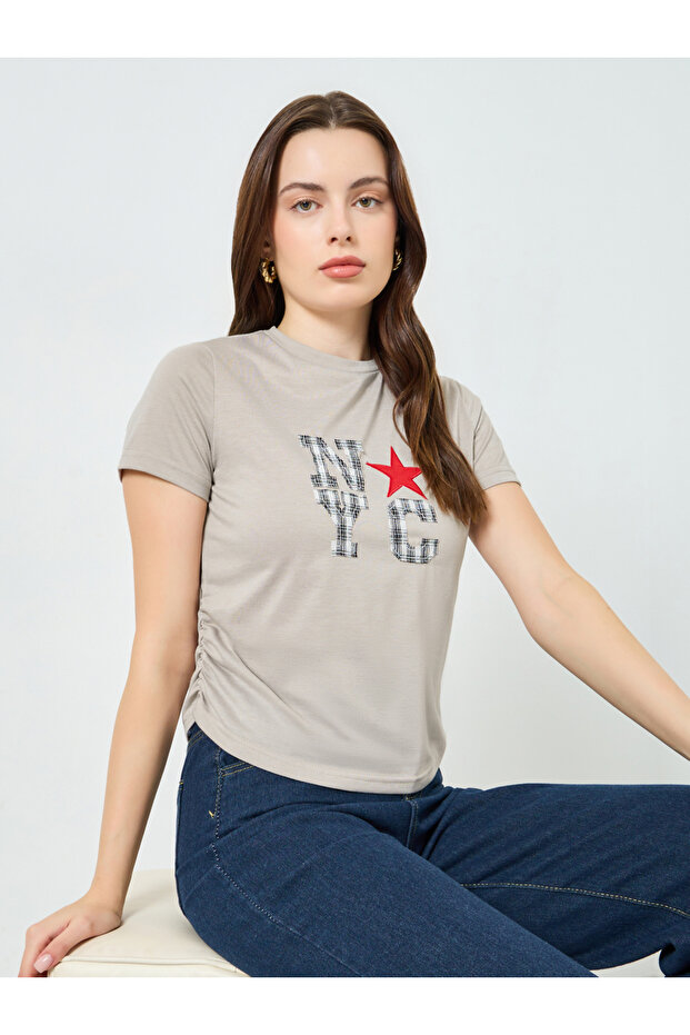 Women Beige Graphic Print Ruched T-Shirt