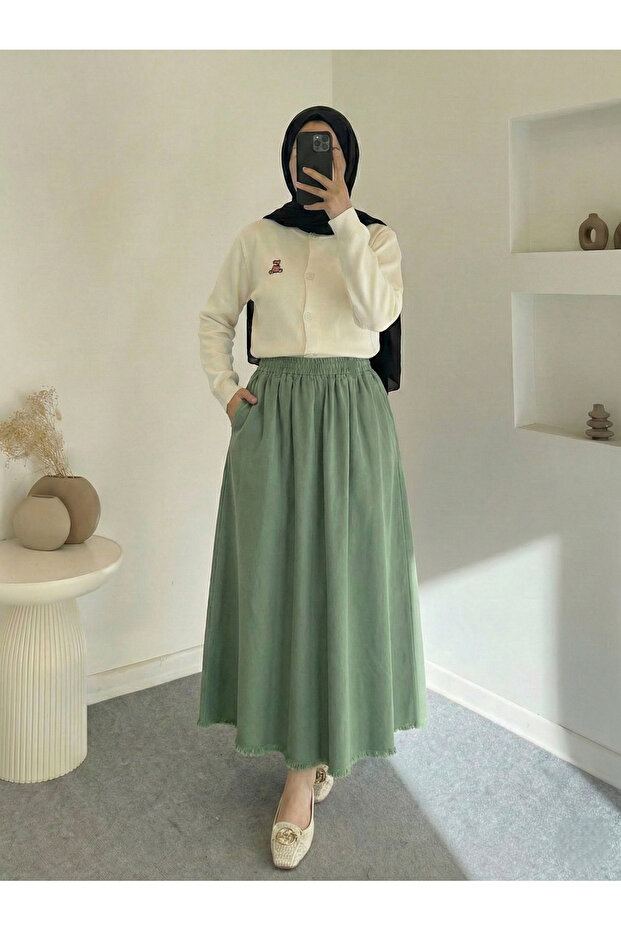 تنورة بخصر مطاطي وجيوب - كاكي
