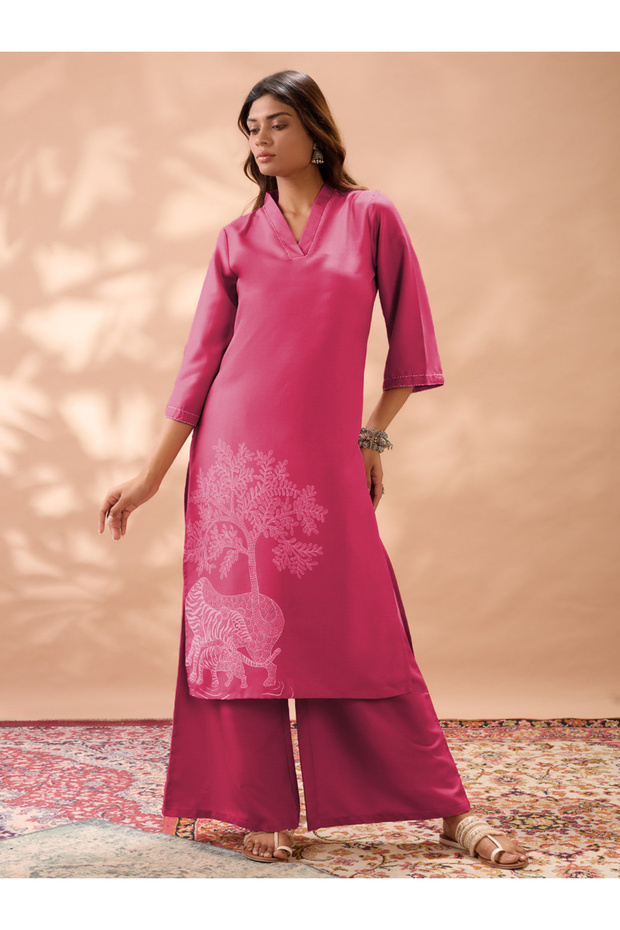 Gond Animal Print Bell Sleeves Straight Kurta and Wide Leg Pant Set