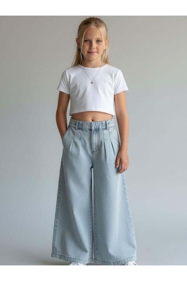 Girl's Pleated Detailed Wide-Leg Jeans