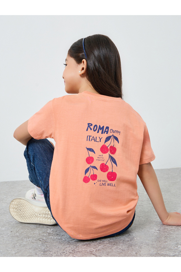 Girls Peach Cherry Graphic Cotton T-Shirt