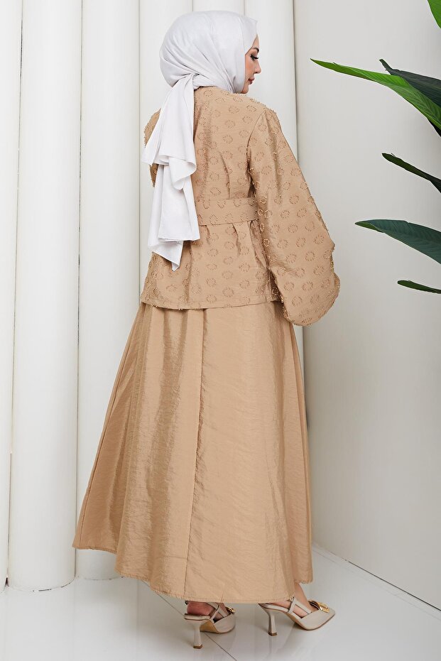 طقم مزدوج بنقش حلقي بيج HM2881 - 5