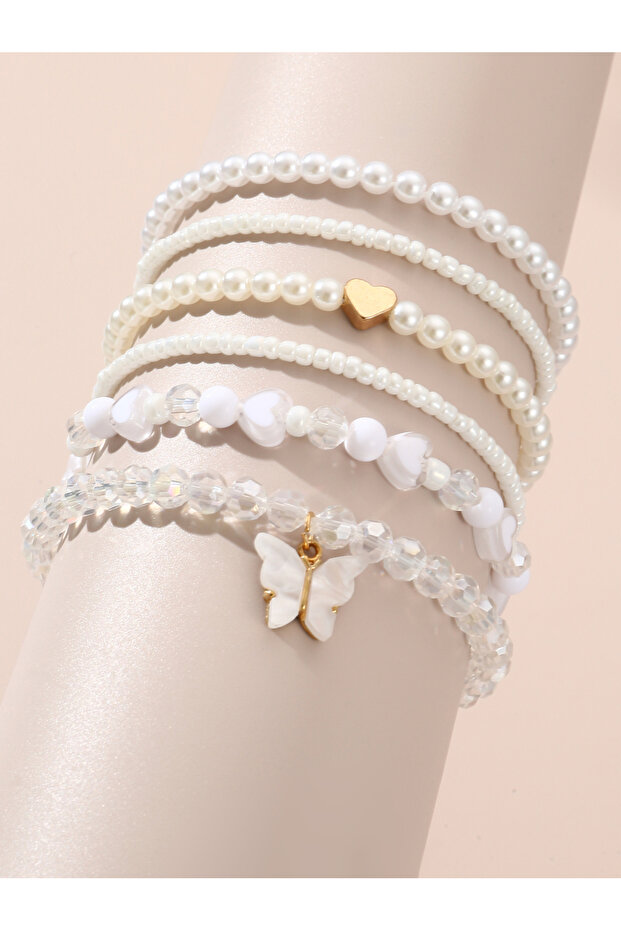 Set of 6 - Butterfly Pendant Faux Pearl Bracelets
