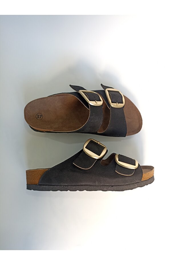Black Luxury Suede Double Buckle 5-Point Slippers