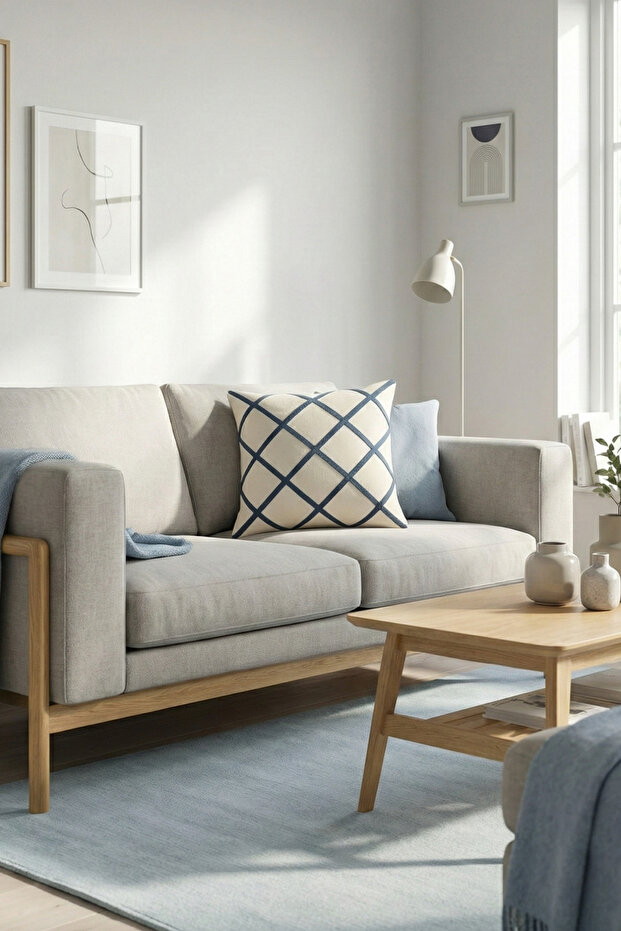 Modern Geometric Punch Embroidered Decorative Throw Pillow Cover 42X42 cm Cotton Panama Linen