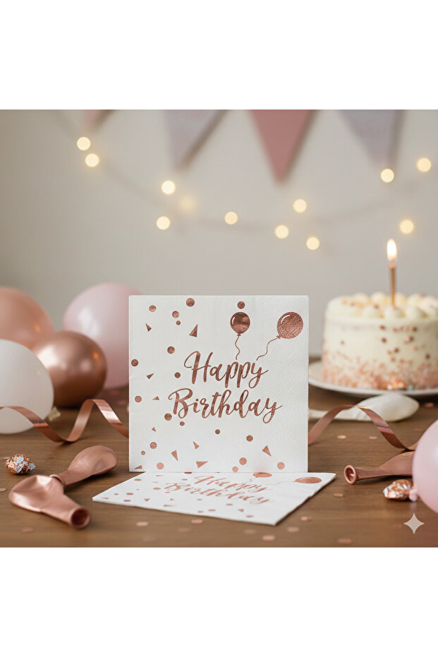 Foil Happy Birthday Napkin - White Background Rose Gold Print