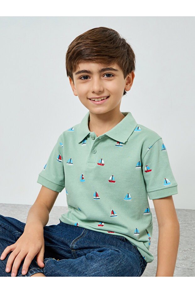 Boys Green Printed Polo T-Shirt