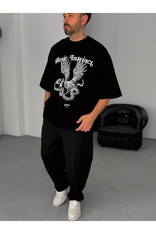 Siyah Basic İnstinct Baskılı Oversize T-Shirt BS- - 4