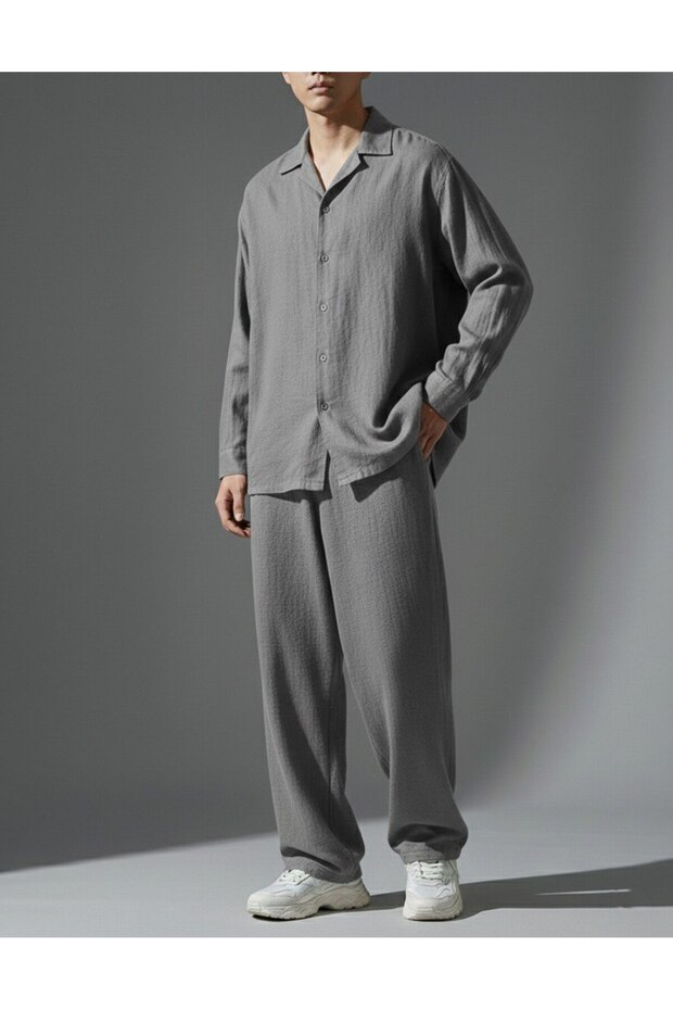 Men's Flam Ham Linen Oversize Shirt Baggy Fit Tracksuit Bottom-Top Set