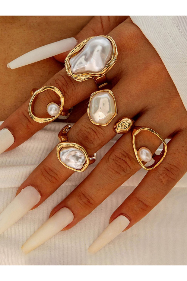 Pack of 5 - Embellished Faux Pearl Rings