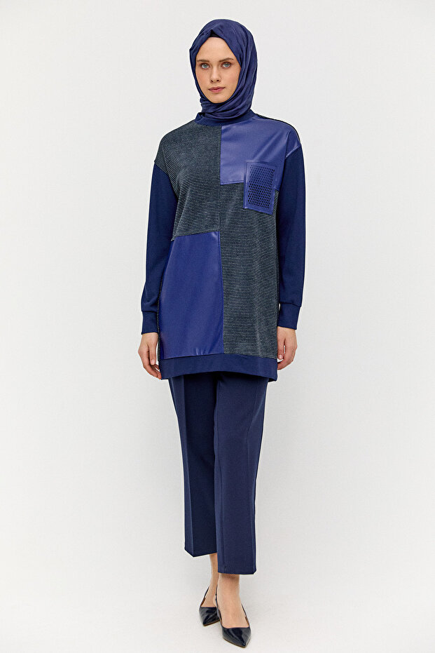 Deri Parçalı Fileli Tunik - 2