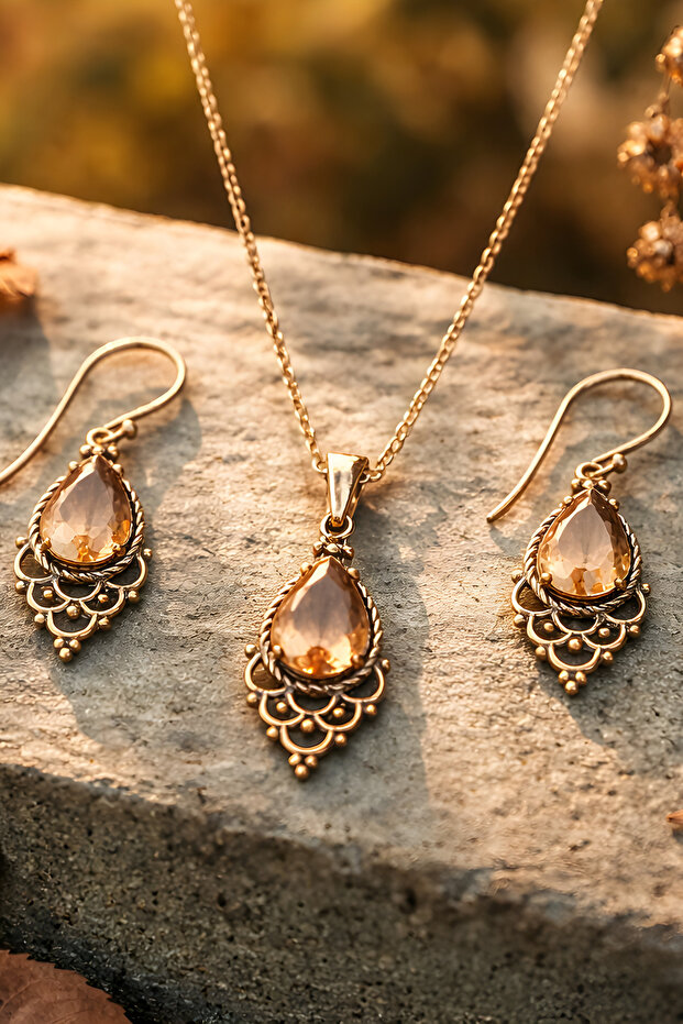 Pure Copper Zultanite Necklace Earring Set Steel Chain Design