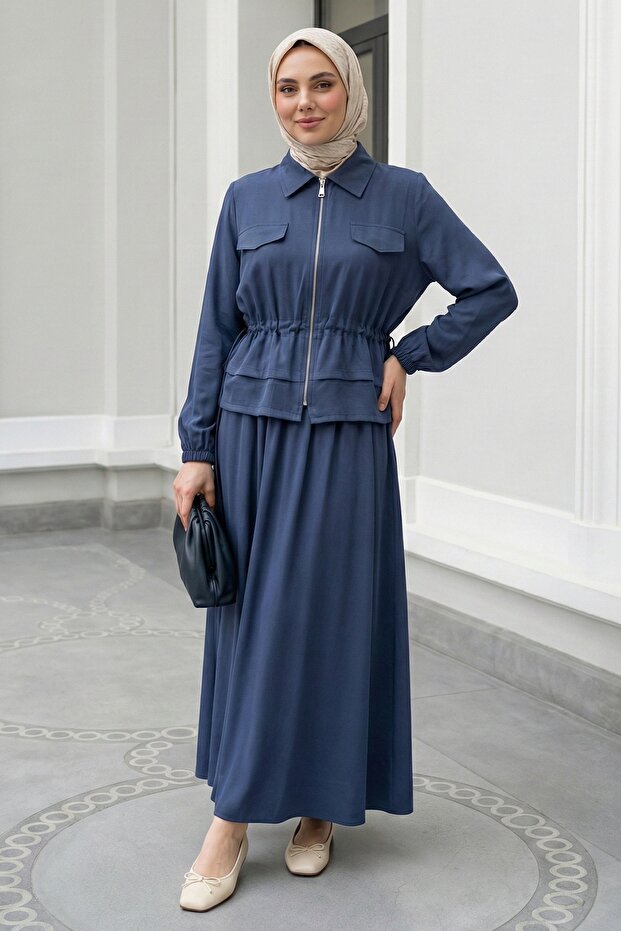 Modal Tunnel Gathered Indigo Skirt Set