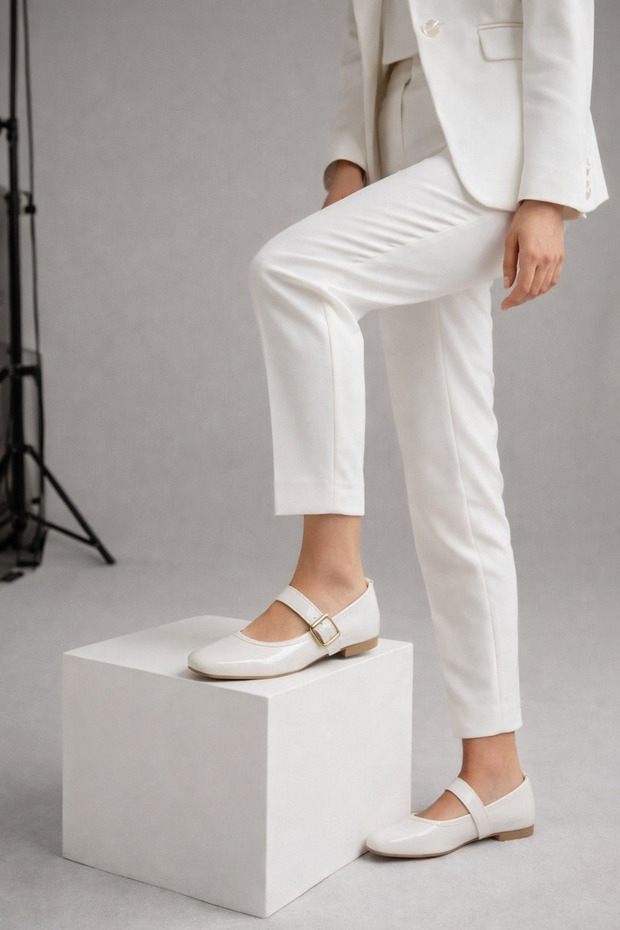 Women's White Mary Jane Ballet Flats – Gold Buckle, Classic and Stylish Design