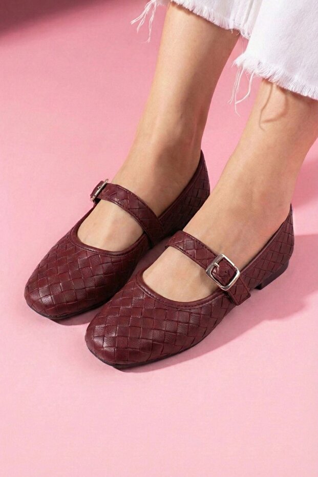 Toledo Burgundy Leather Knitted Textured Nickel Buckle Belted Ballerinas