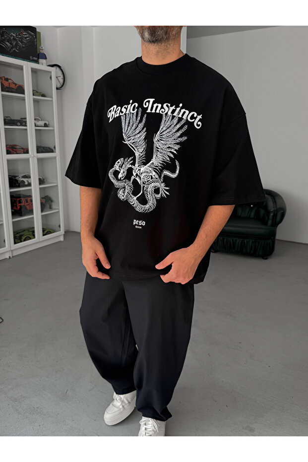 Siyah Basic İnstinct Baskılı Oversize T-Shirt BS- - 1