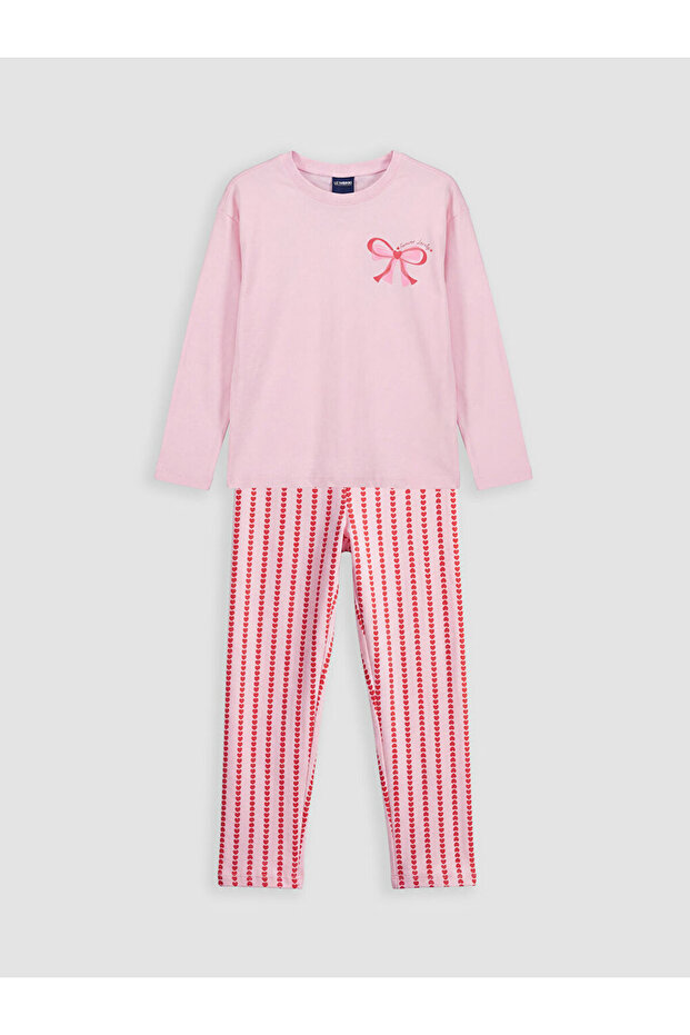 Giyçık Store Pink Crew Neck Printed Girls' Pajama Set