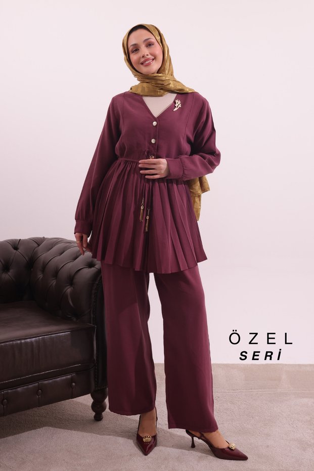 Pilise Detailed Waist-Tied Woven Hijab Suit 3171 – Special Series