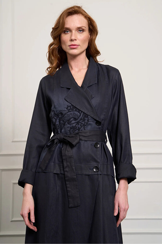 Nakış Detaylı Kot Pardesü - 4