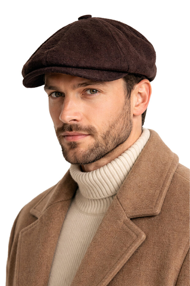 Men's Brown Wool Cap Hat Classic Newsboy Style, Comfortable Design with Elastic Back
