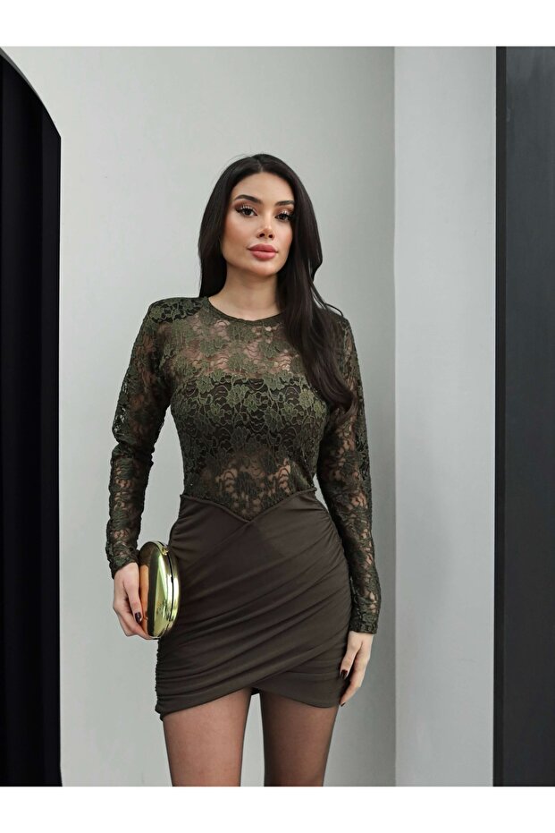 Dantel Drapeli Vatkalı Mini Elbise - 4