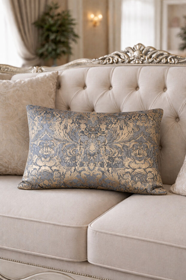 L Mattress Protector Ar Varaklı Cushion Cover Blue-Gold 30X47 cm
