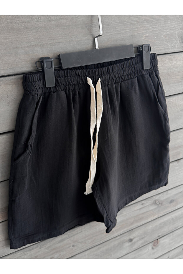 Siyah Müslin Kumaş Basic Şort KE-7002 - 4