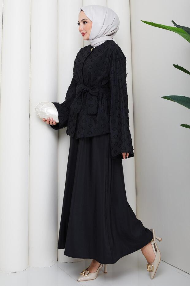 طقم مزدوج بنقش حلقي منقوش باللون الأسود HM2881 - 6