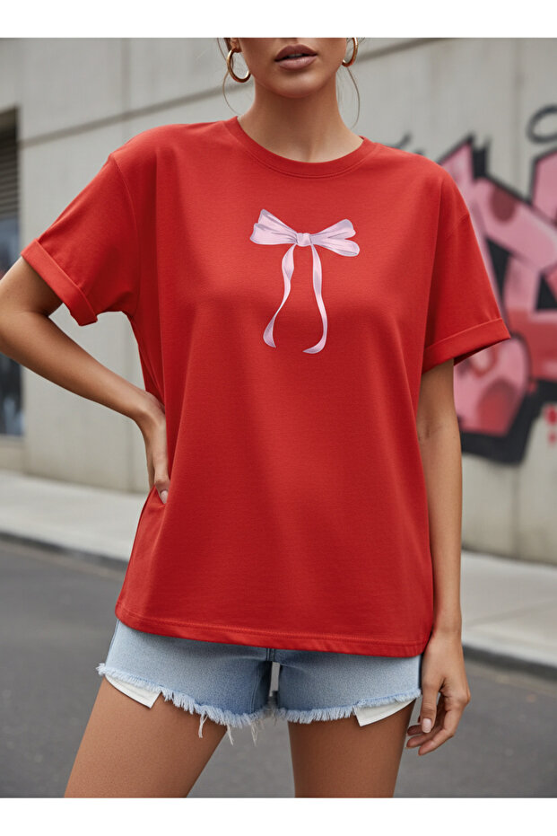 Women's Bowknot Printed 100% Cotton Oversize Red T-Shirt