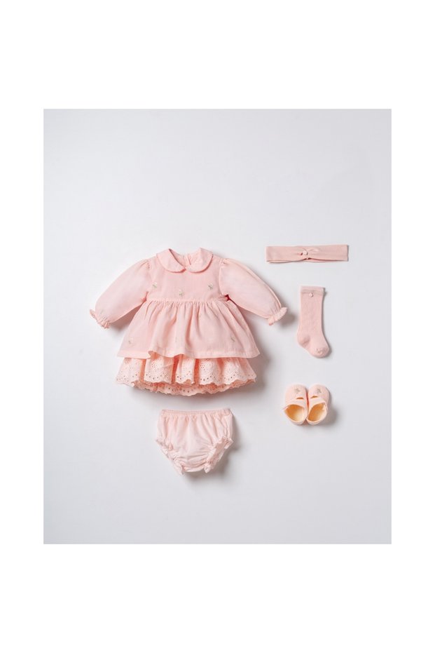 Baby Girl Pink Embroidered Scallop Detailed Dress Set - Set of 4 with Bandana