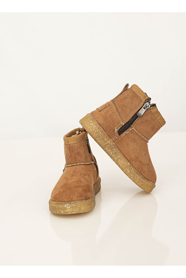 Girl's Tan Thermo Sole Suede Look Short Boots with Fur Inside