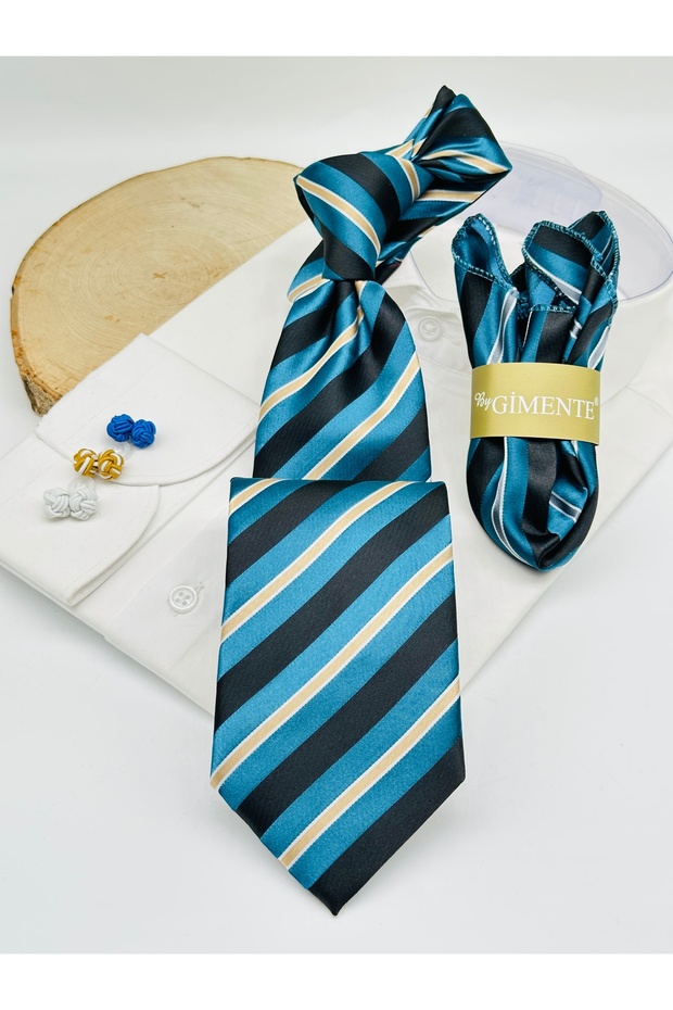 Petrol Blue Striped Classic Tie with Handkerchief