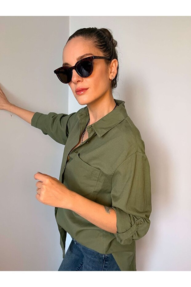 Haki Basic Keten Gömlek - 5