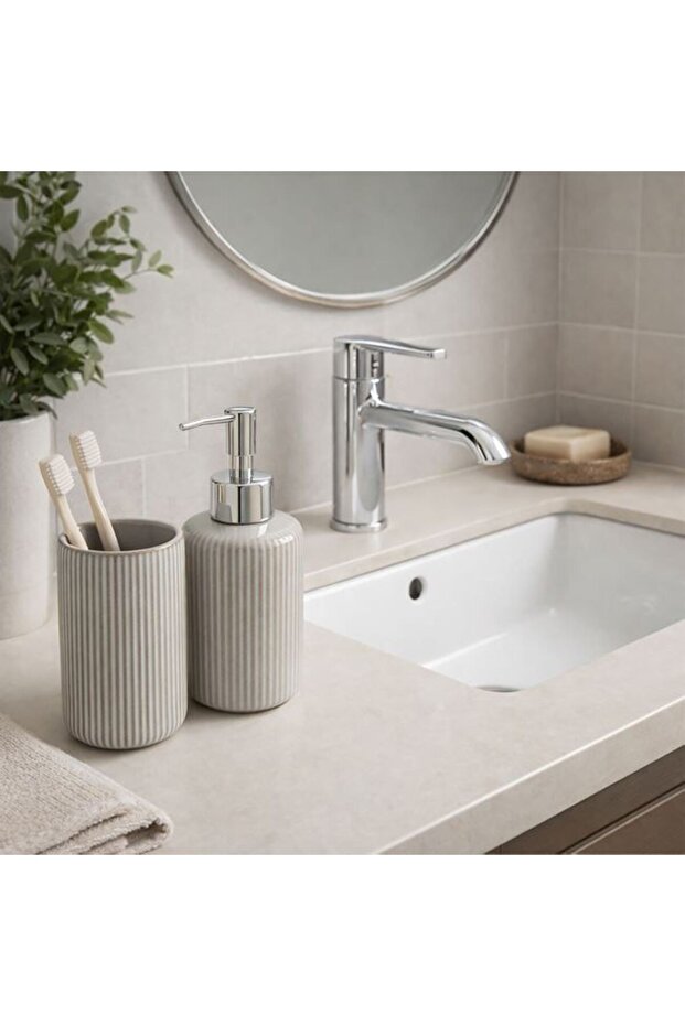 Gray Ceramic Toothbrush Holder Ø7.5 x 10.5 cm - 2