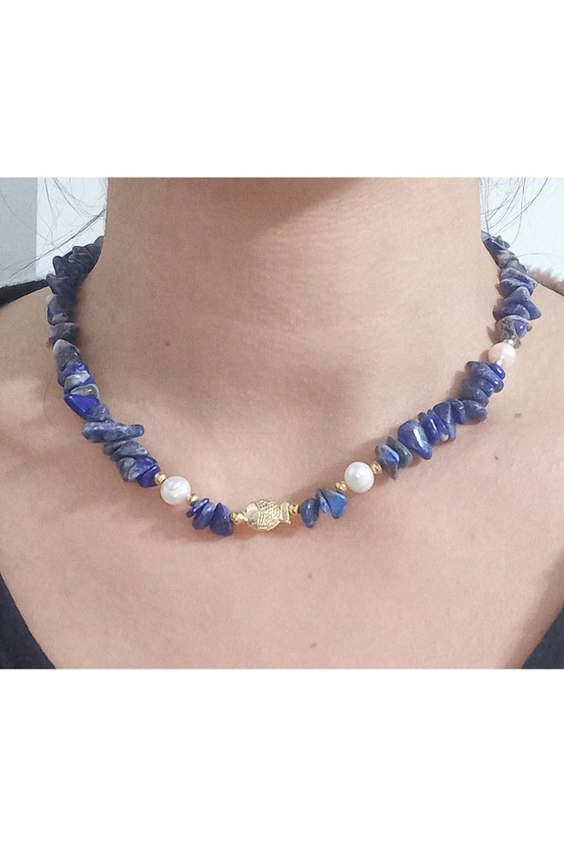 Real Pearl and Fish Detail Lapis Lazuli Natural Stone Necklace