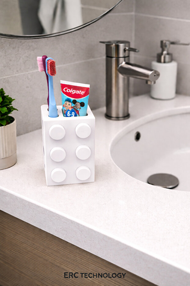 Lego Design Toothbrush Holder and Toothpaste Dispenser Organizer – Bathroom Sink Top Organizer