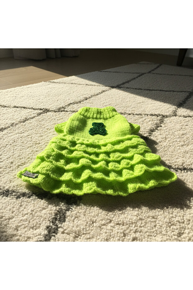 Ruffled Neon Green Sweater with Teddy Bear for Cat and Dog