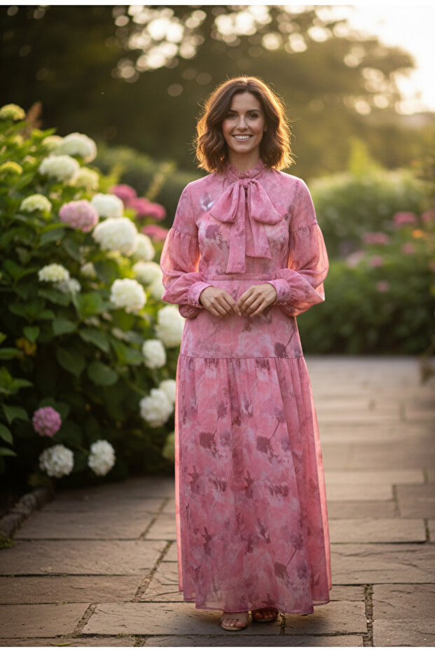 Women's Lined Patterned Gathered Collar Bow Detailed Chiffon Long Dress