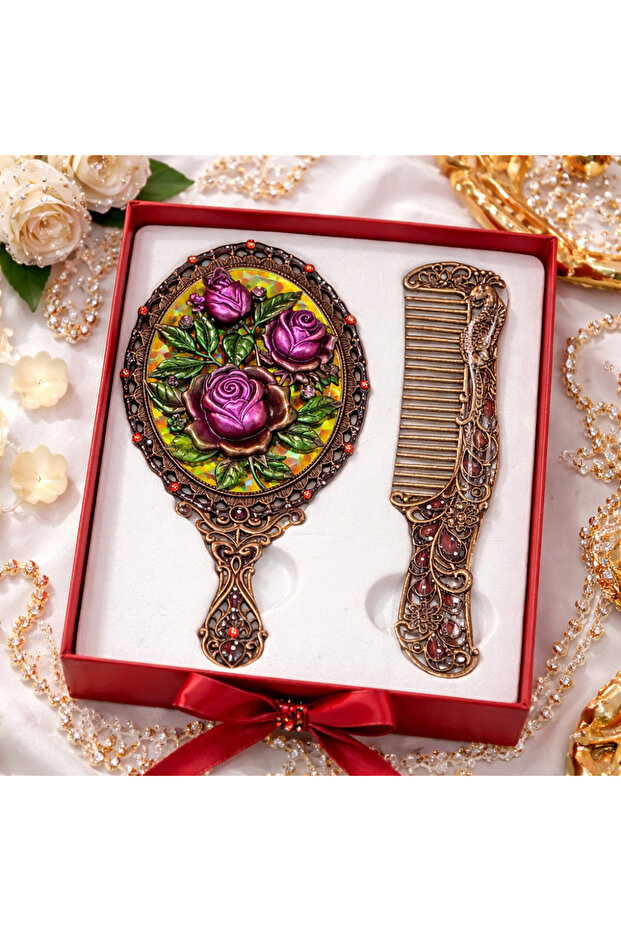 Ottoman Palace Collection Embroidered Hand Mirror and Comb Set with Antique Copper Stones, Luxurious Gift Boxed
