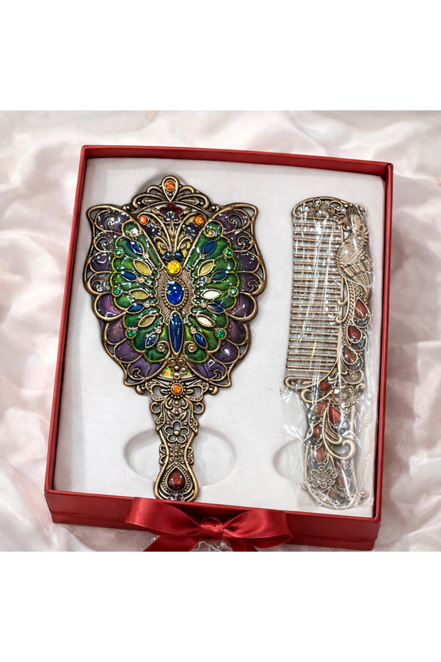 Ottoman Palace Collection Embroidered Hand Mirror and Comb Set with Antique Copper Stones, Luxurious Gift Boxed