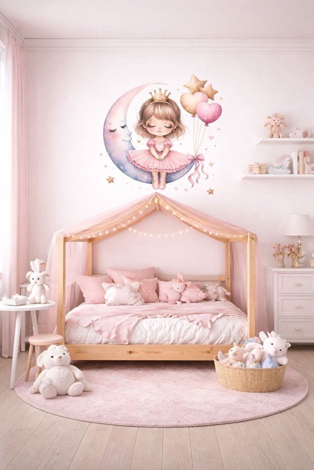Cute Girl Sitting on the Moon Kids Room Wall Sticker Set
