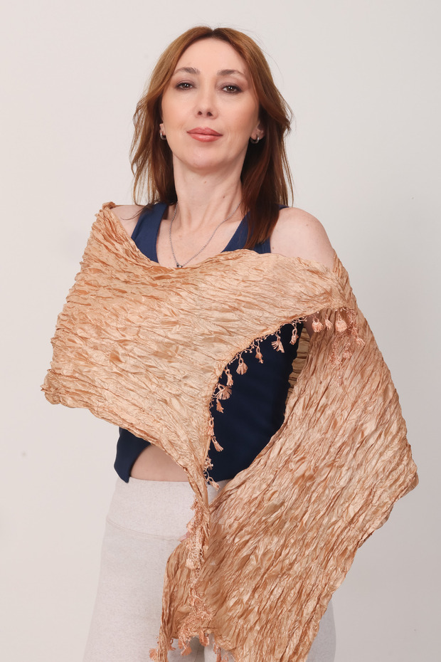 Shawl: Luxury Satin Silk Cappuccino Crinkle Shawl (68X190 cm)